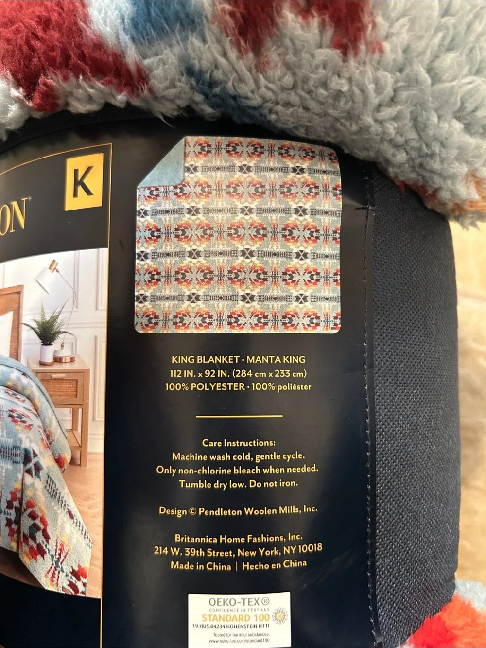 Pendleton Plush King Blanket in Light Blue with Red & Yellow Accents